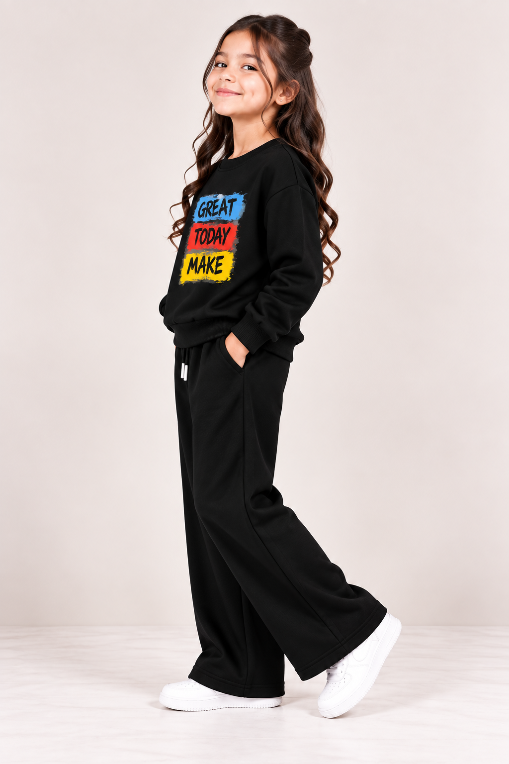 kids Black Great Today Make Printed Sweatshirt & Wide-Leg Trouser Set