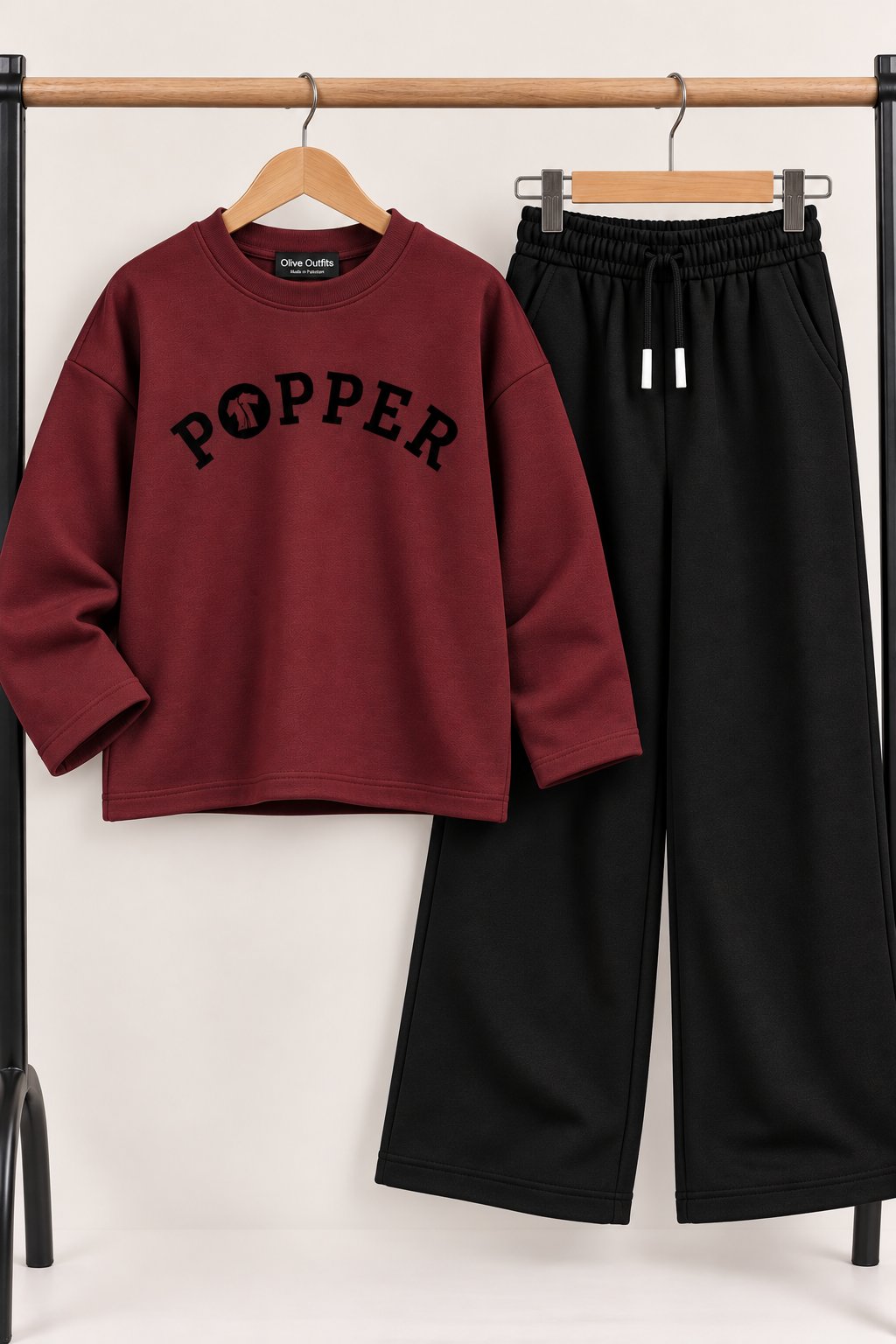 Girls Maroon POPPER Printed Sweatshirt &amp;amp; Black Wide-Leg Trouser Set