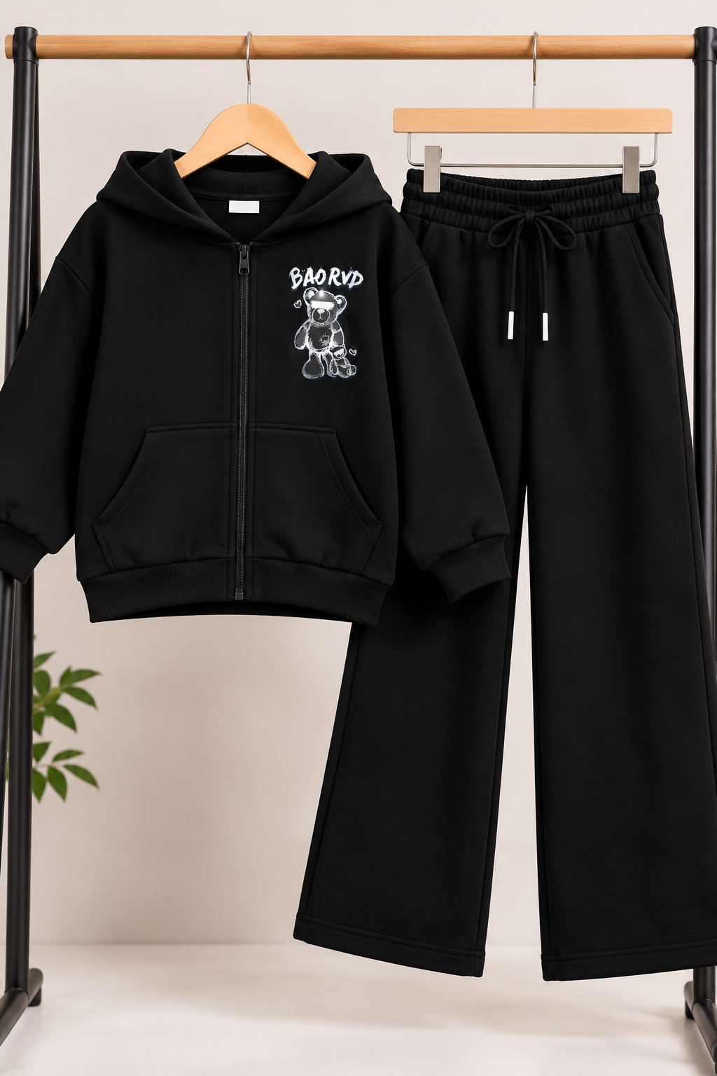 Girls Black BAORVD Teddy Bear Zip-Up Hoodie &amp; Wide-Leg Trouser Set