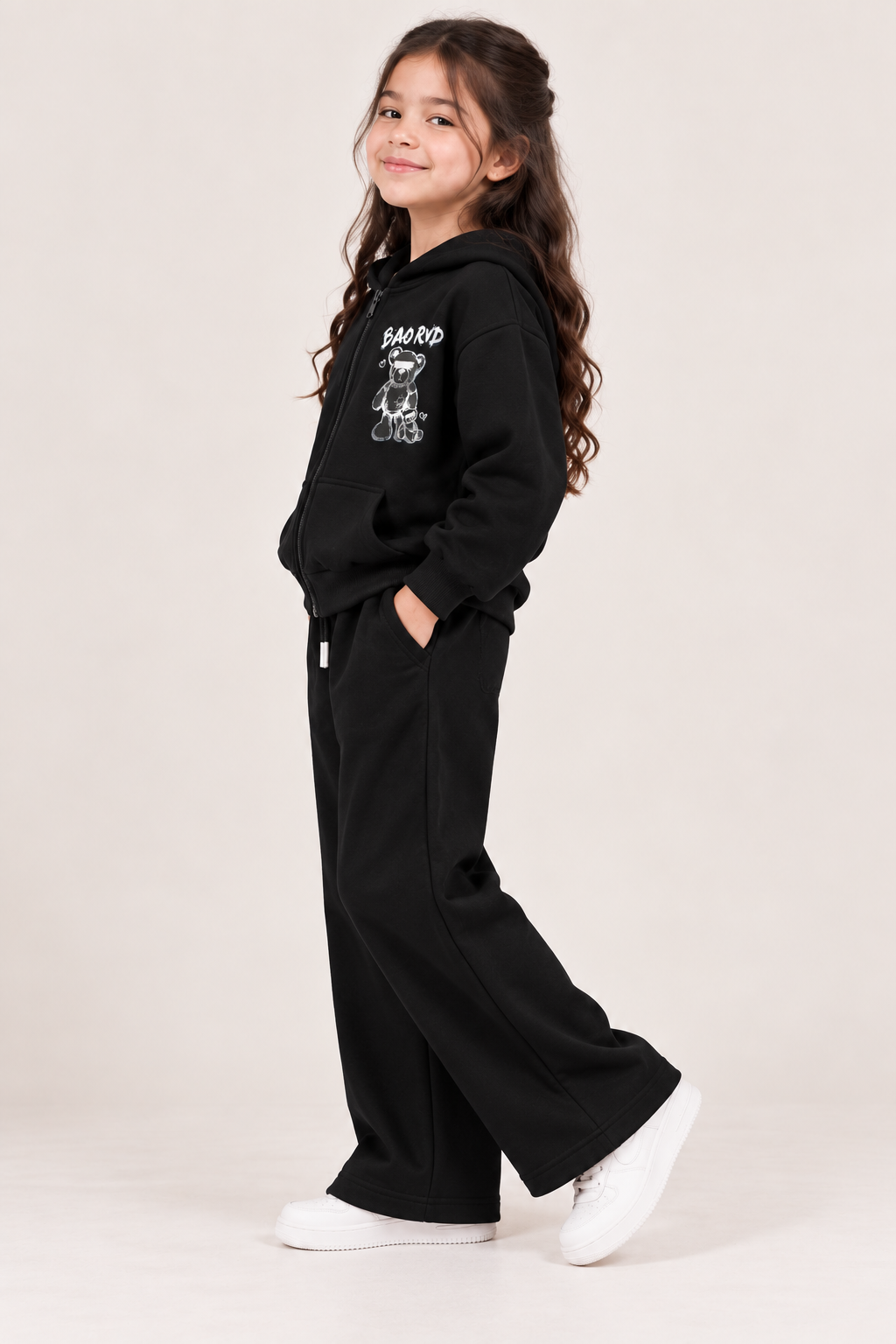 Girls Black BAORVD Teddy Bear Zip-Up Hoodie &amp; Wide-Leg Trouser Set