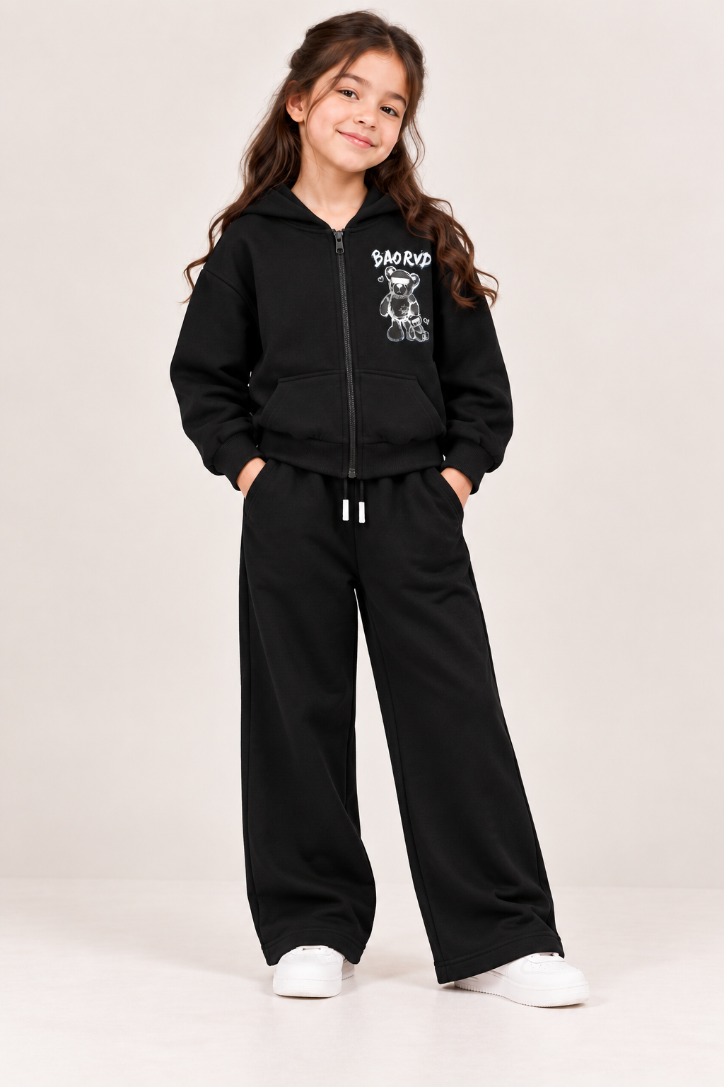 Girls Black BAORVD Teddy Bear Zip-Up Hoodie &amp; Wide-Leg Trouser Set