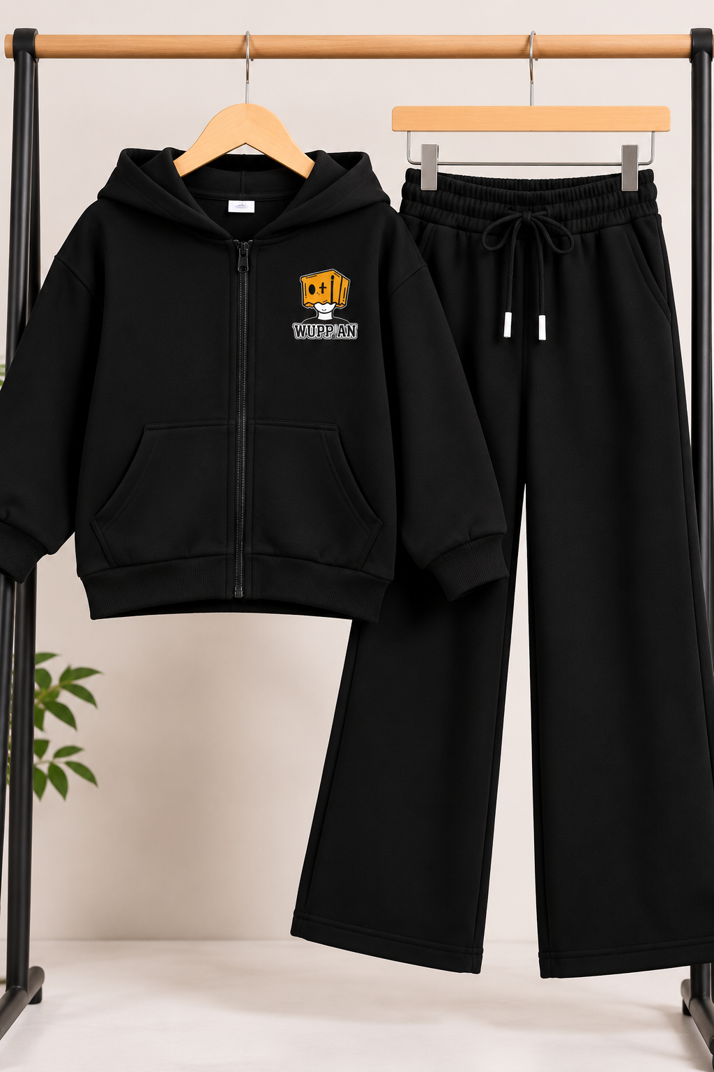 Girls Black WUPPAN Printed Zip-Up Hoodie & Wide-Leg Trouser Set