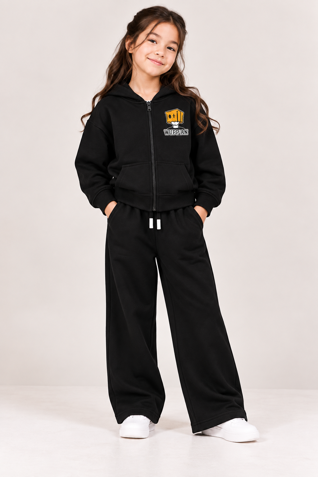 Girls Black WUPPAN Printed Zip-Up Hoodie & Wide-Leg Trouser Set