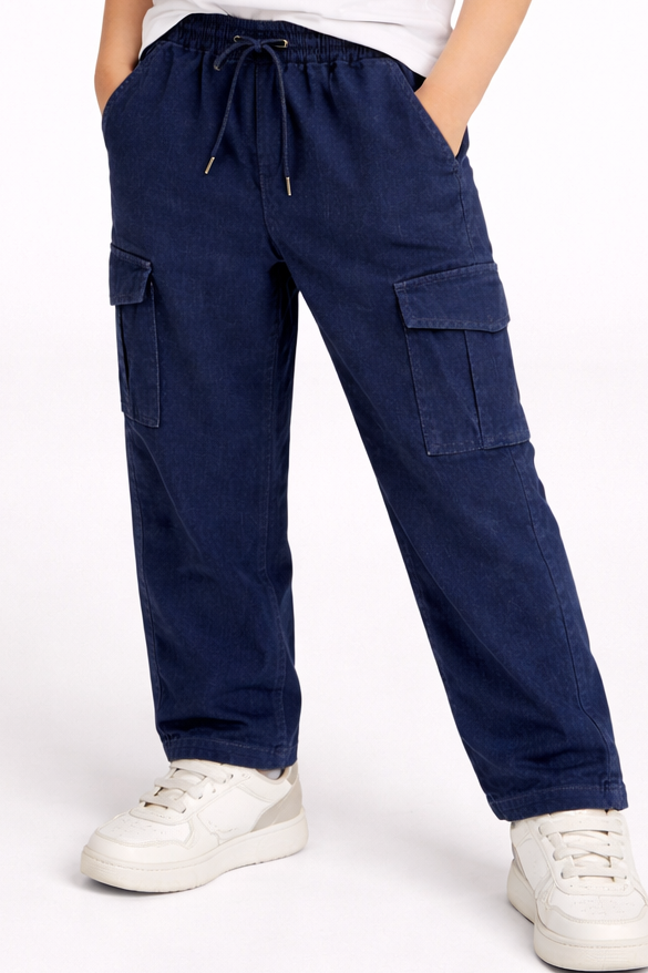Kids Dark Blue Denim Cargo Pants – Stylish Multi Pocket Jeans