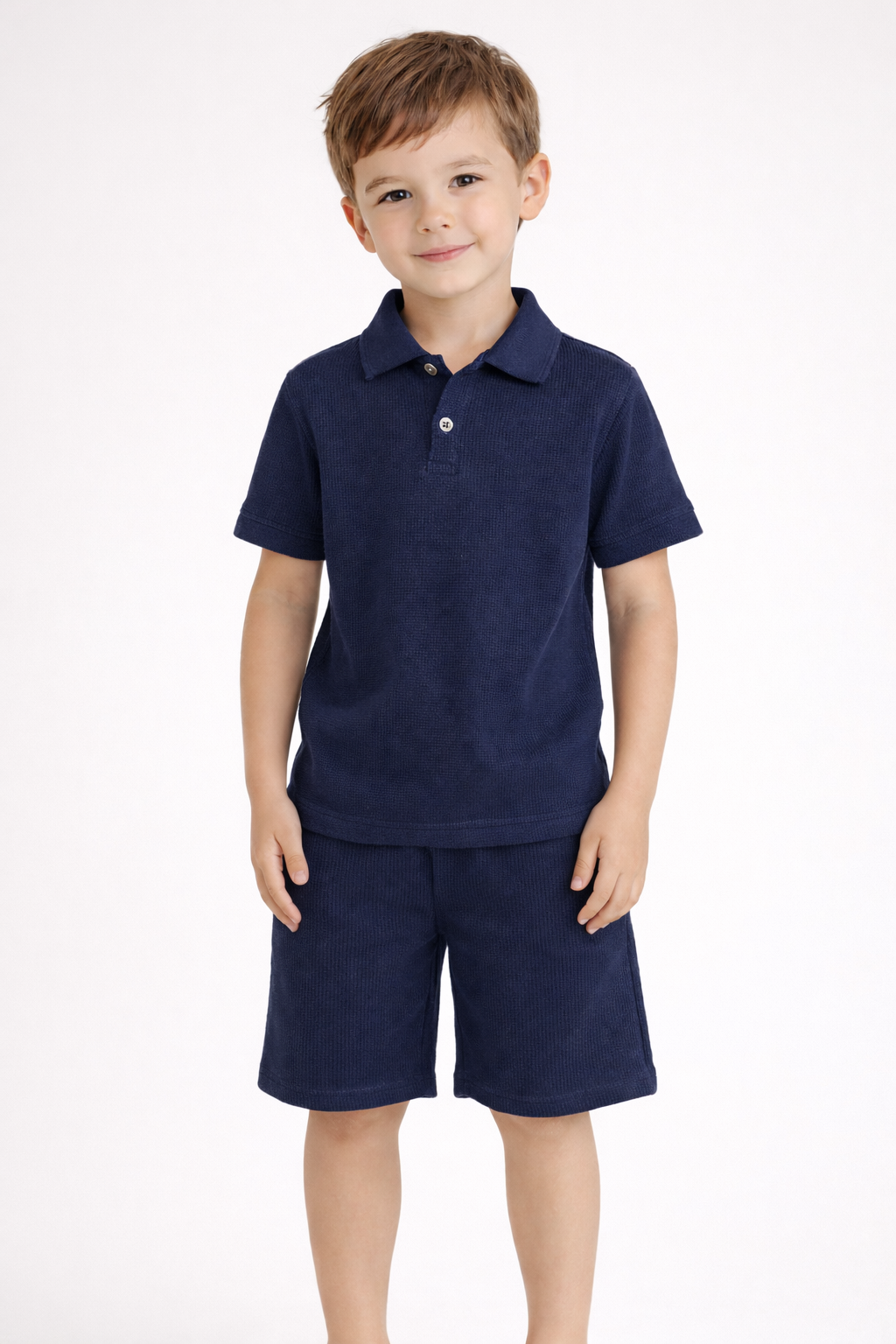 Kids Navy Blue Textured Polo Shirt With shorts