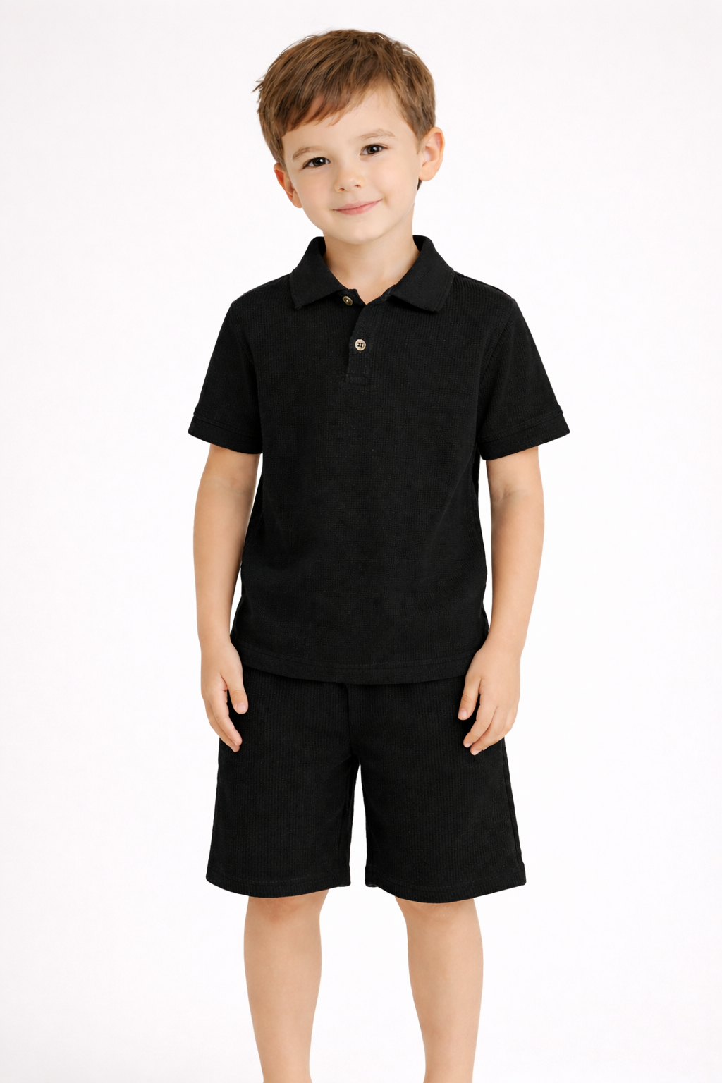Kids Black Classic Polo Shirt With Shorts