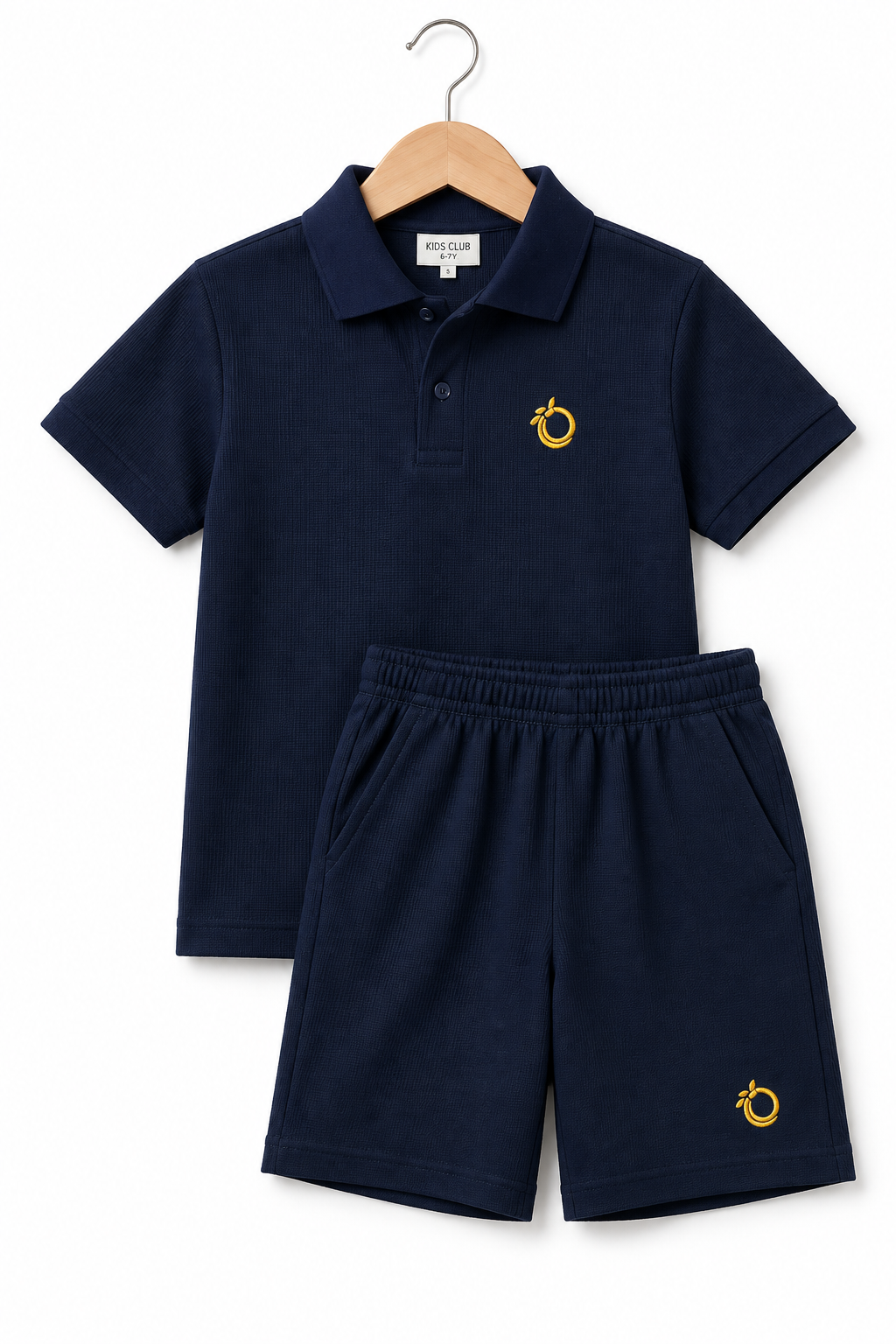 Kids Navy Blue Textured Polo Shirt With shorts