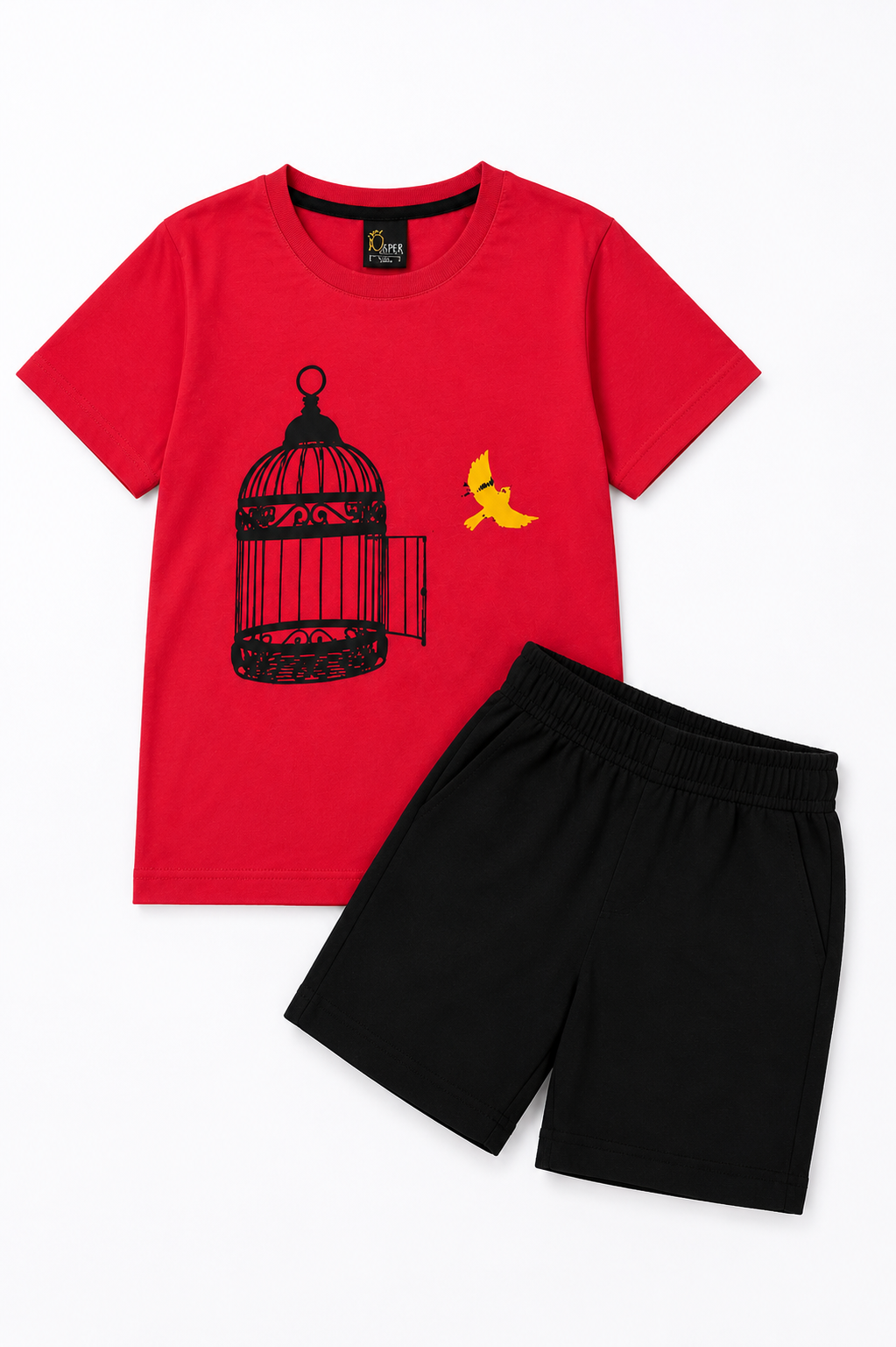 Red Birdcage T-Shirt with Black Shorts Set