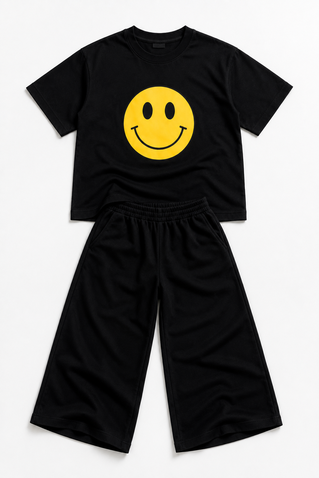 Smiley Face Black Drop-Shoulder T-Shirt &amp; Baggy Pants Set