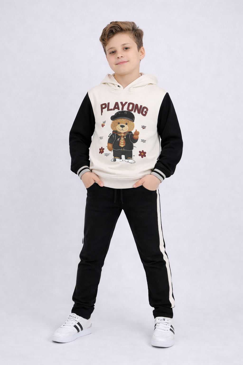 Kids Street Style Bear Hoodie & Track Pant Set – Black & White