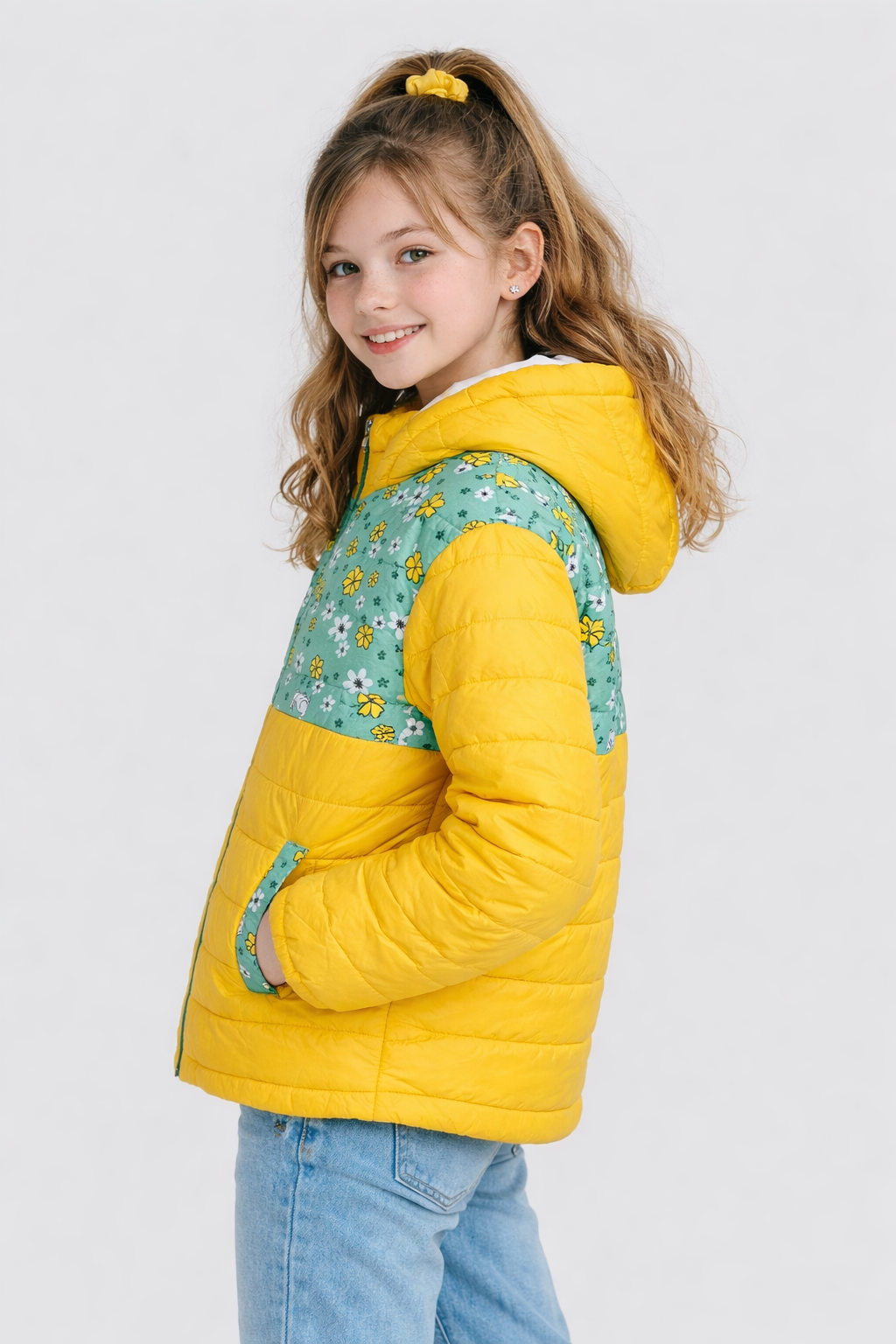 Girls Yellow Printed Hoodie Jacket Girls