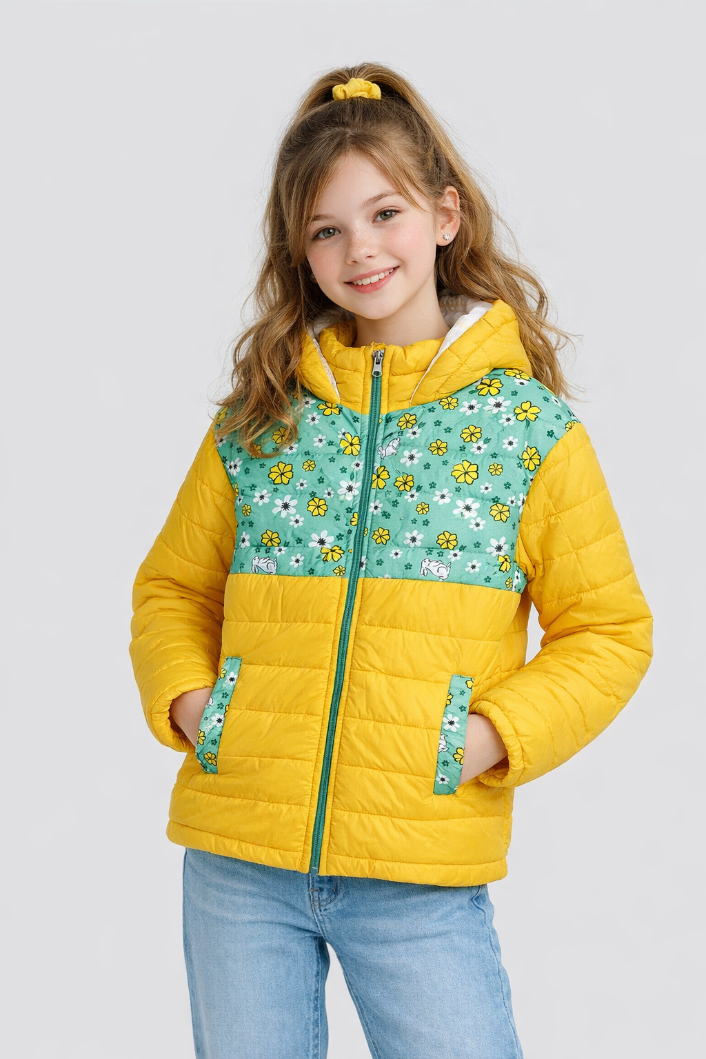 Girls Yellow Printed Hoodie Jacket Girls