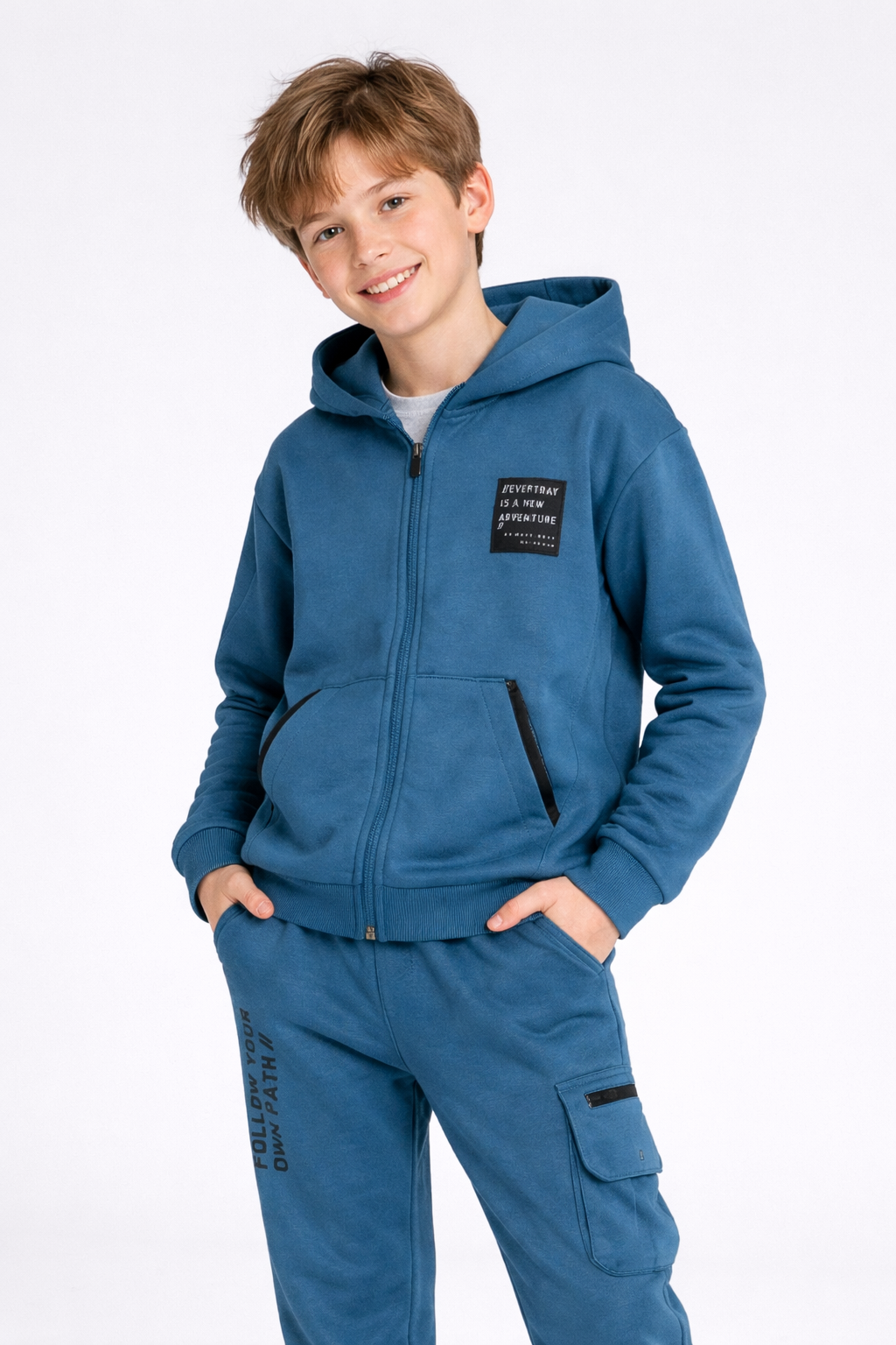 Teal Zip-Up Hoodie and Joggers Set with Motivational Print