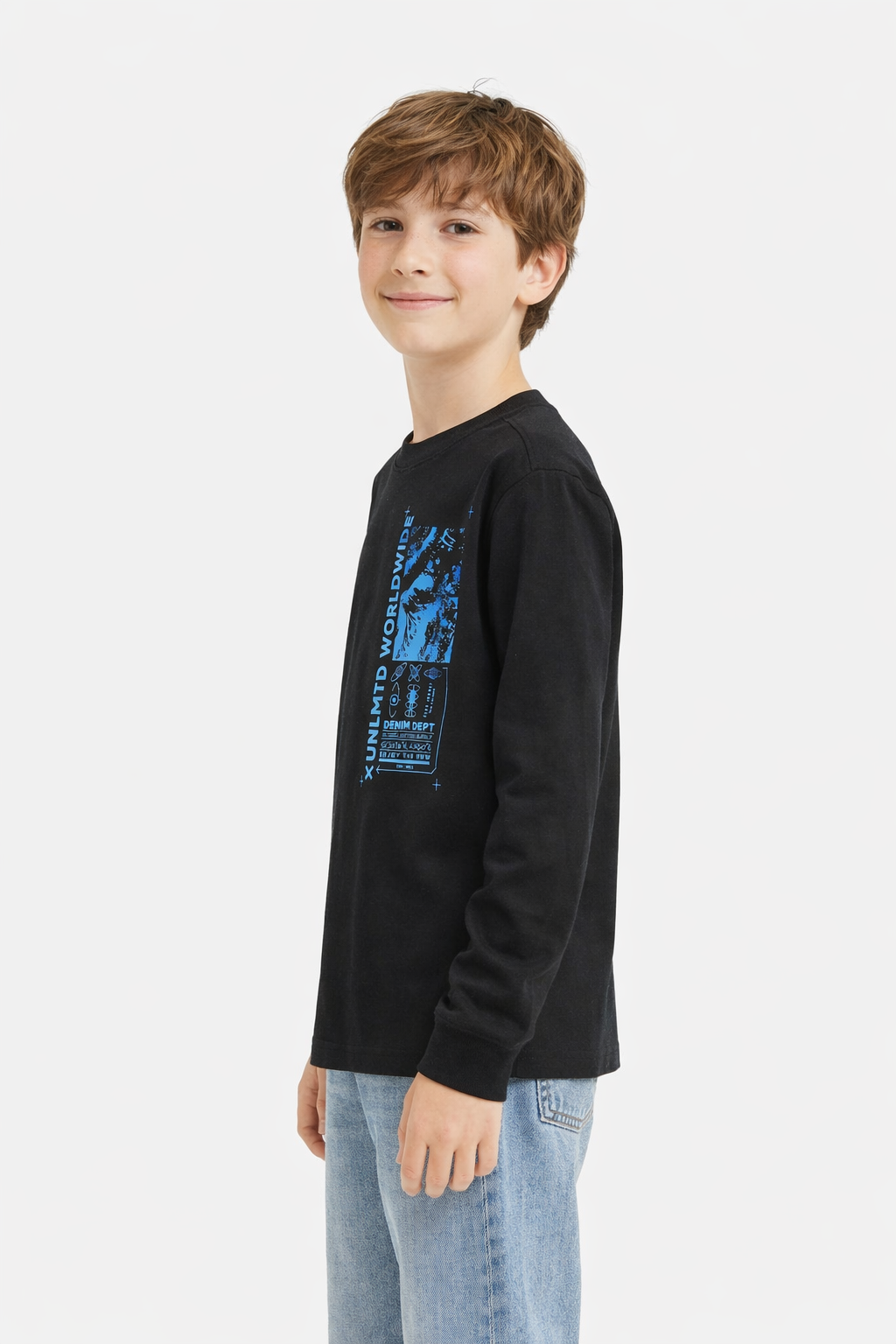 Electric Black Long Sleeve Tee with “UNLMTD Worldwide” Graphic Print