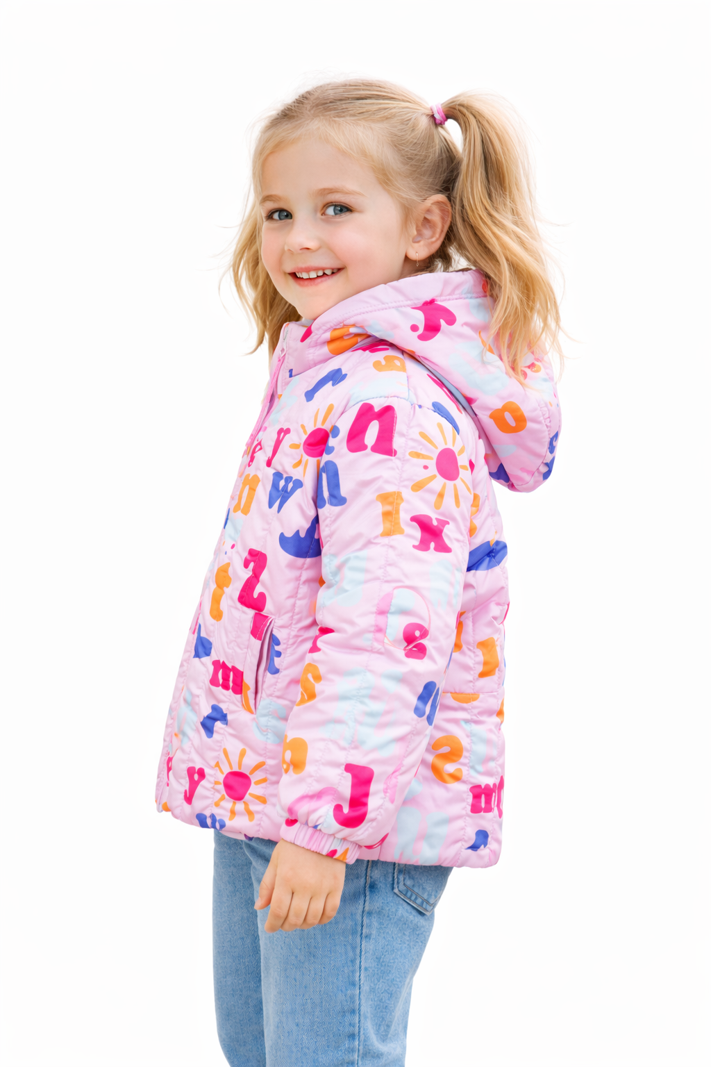 Girls Alphabet Print Hooded Puffer Jacket – Pink Multicolor