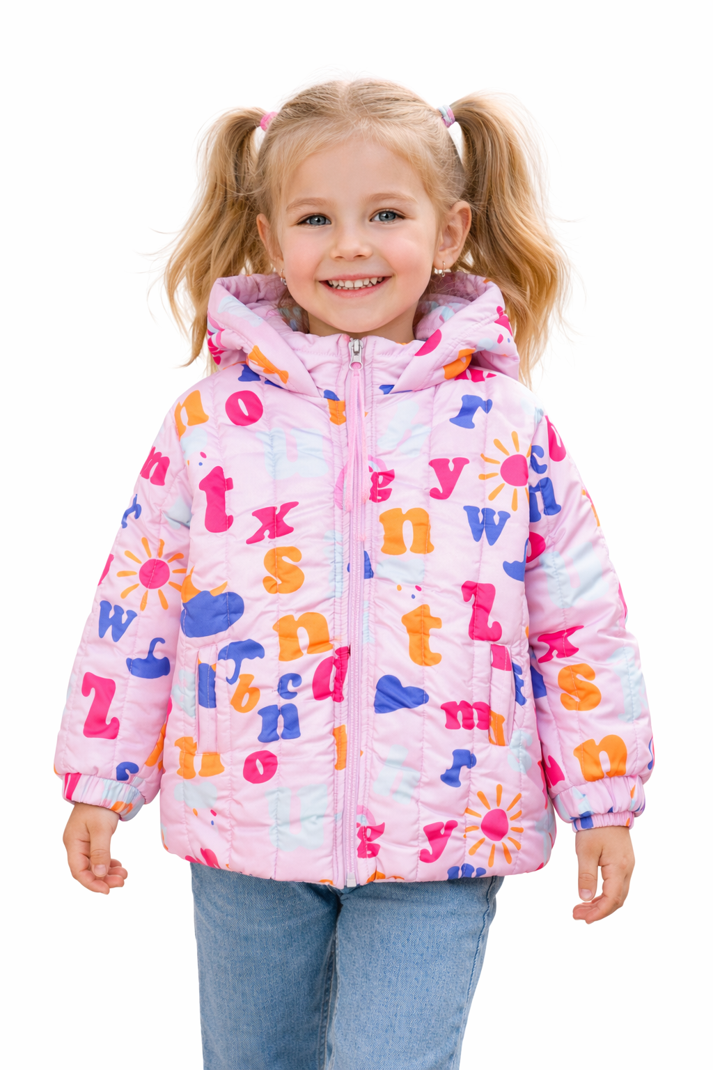 Girls Alphabet Print Hooded Puffer Jacket – Pink Multicolor