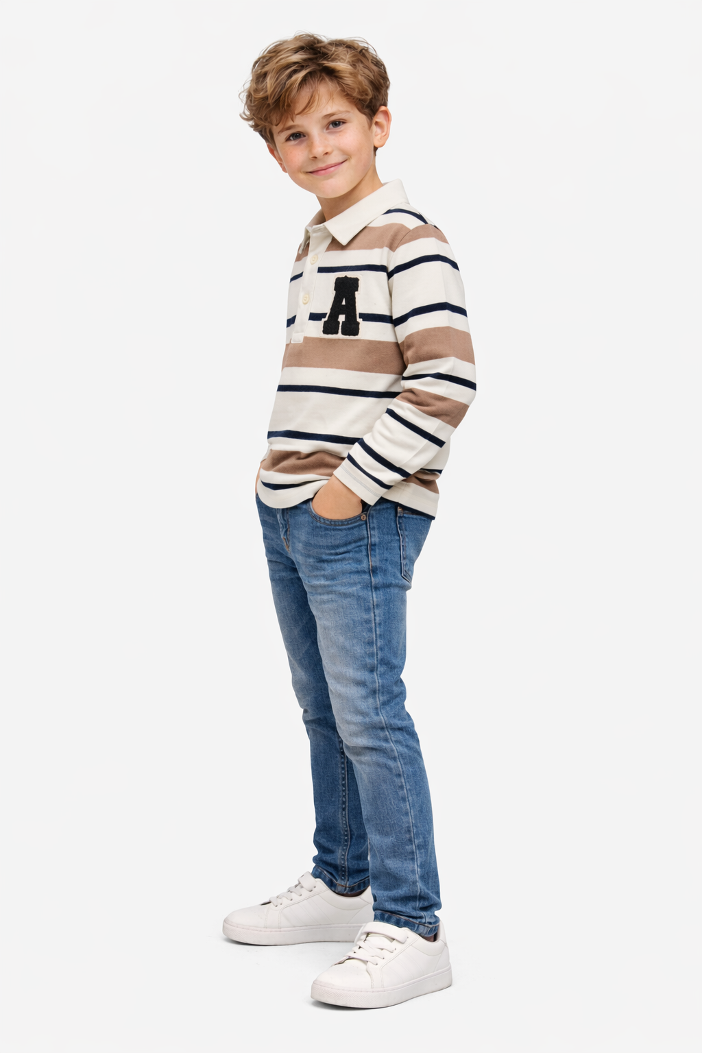 Striped Long-Sleeve Polo Shirt with Letter Patch