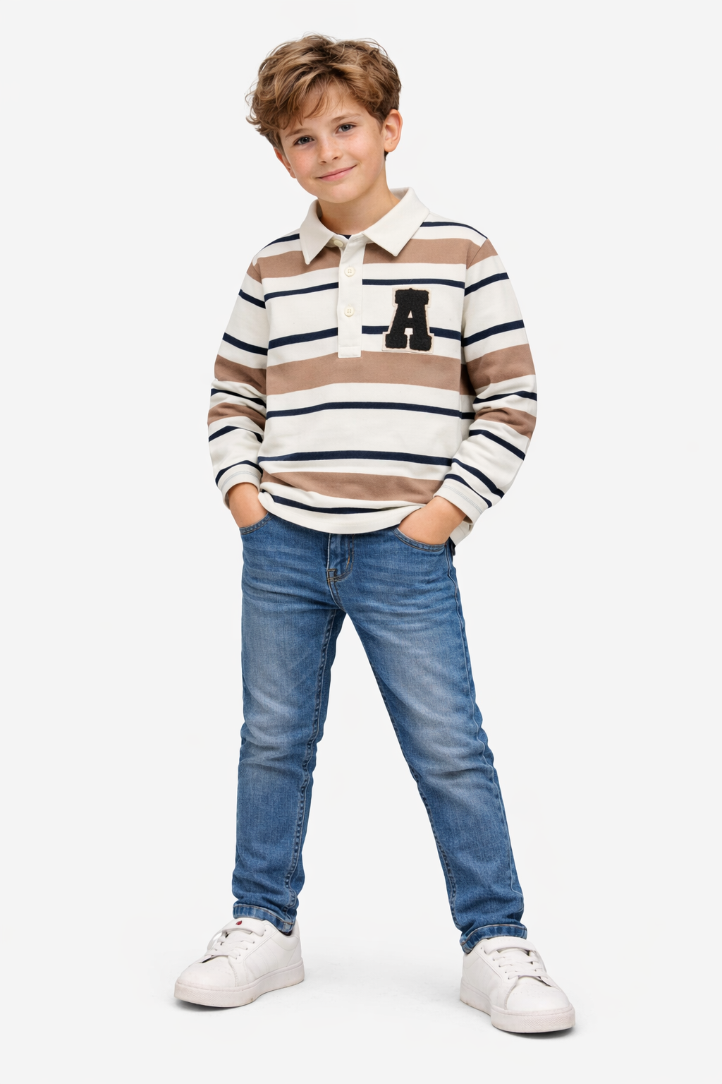 Striped Long-Sleeve Polo Shirt with Letter Patch