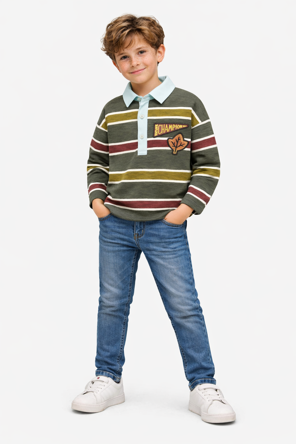 Boys’ Striped Polo T-Shirt with Patch Detailing