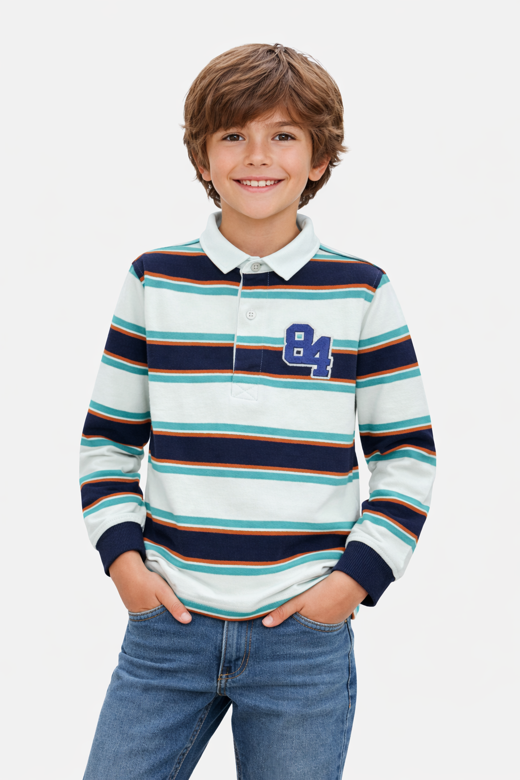 Striped Varsity Polo Tee with '84' Patch