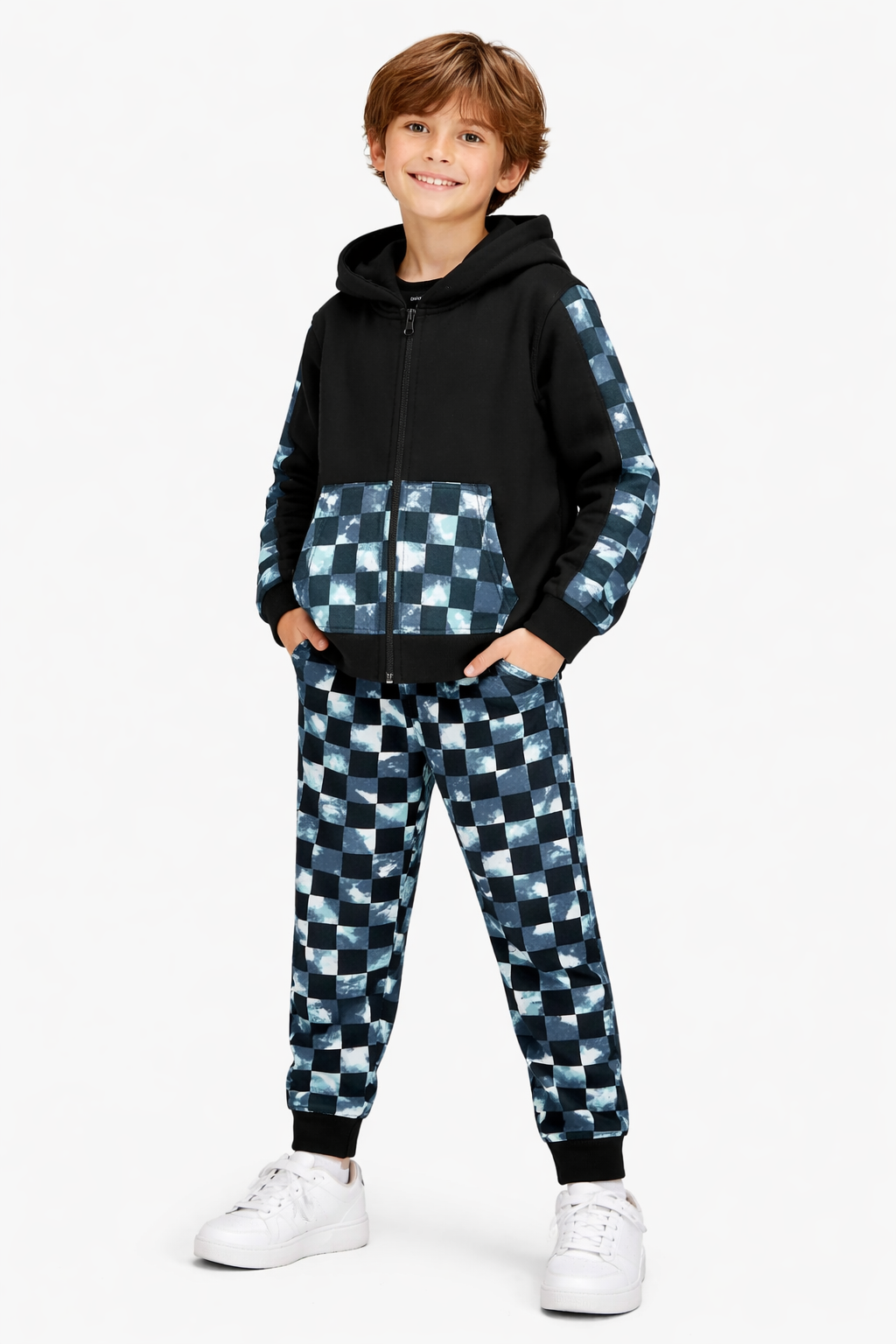 Stylish Black Hoodie and Jogger Set with Blue Checkered Accents For Boys
