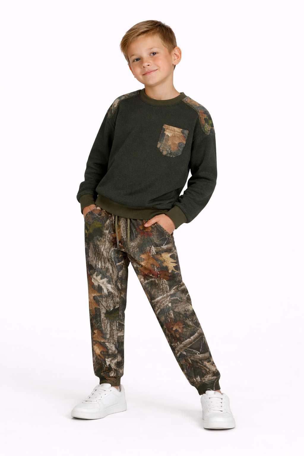 Boys Camo Patch Sweatshirt &amp; Jogger Set – Forest Green