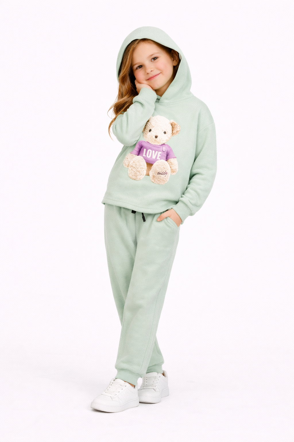 Minty Bear Love ' Hoodie Set – Soft Green with Teddy Print