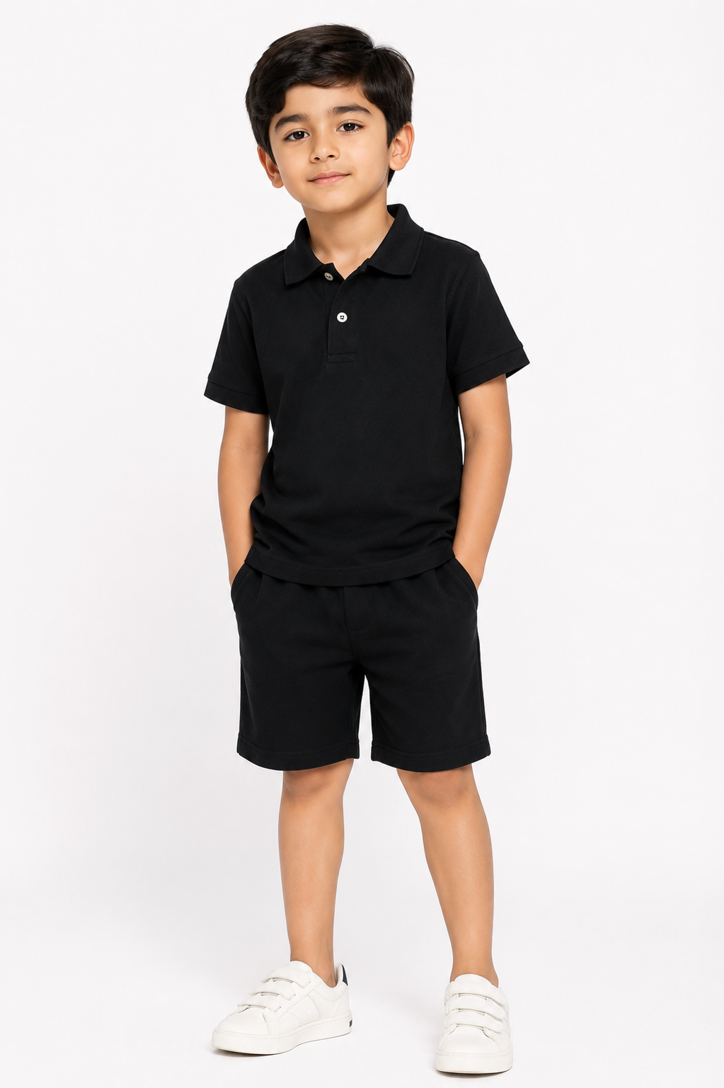 Kids Black Classic Polo Shirt With Shorts