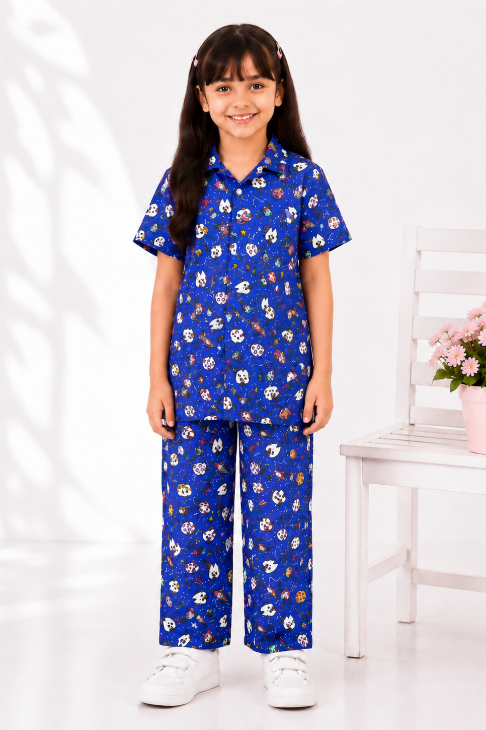 Girls Space Adventure Co-Ord Set – Blue Printed Shirt  Trouser