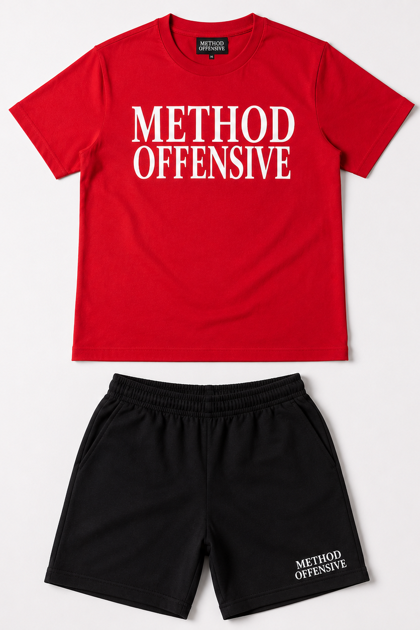 Kids Red “Method Offensive” T-Shirt  Black Shorts Set