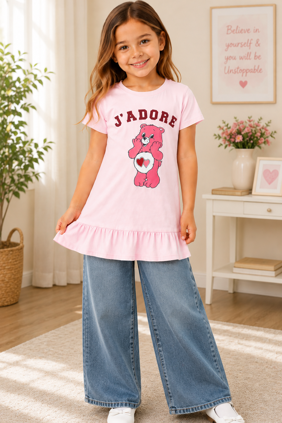 J’ADORE Bear Print Girls Dress – Light Pink