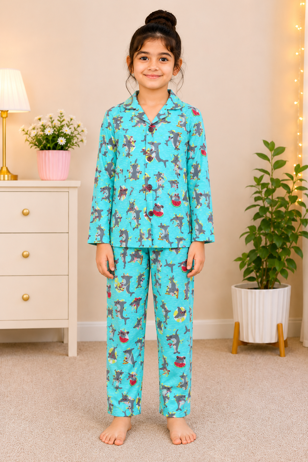 Girls Aqua Shark Print Night Suit – Soft Cotton Pajama Set