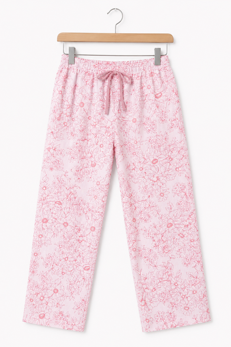 Girls Pink Floral Cotton Pants with Elastic Waist