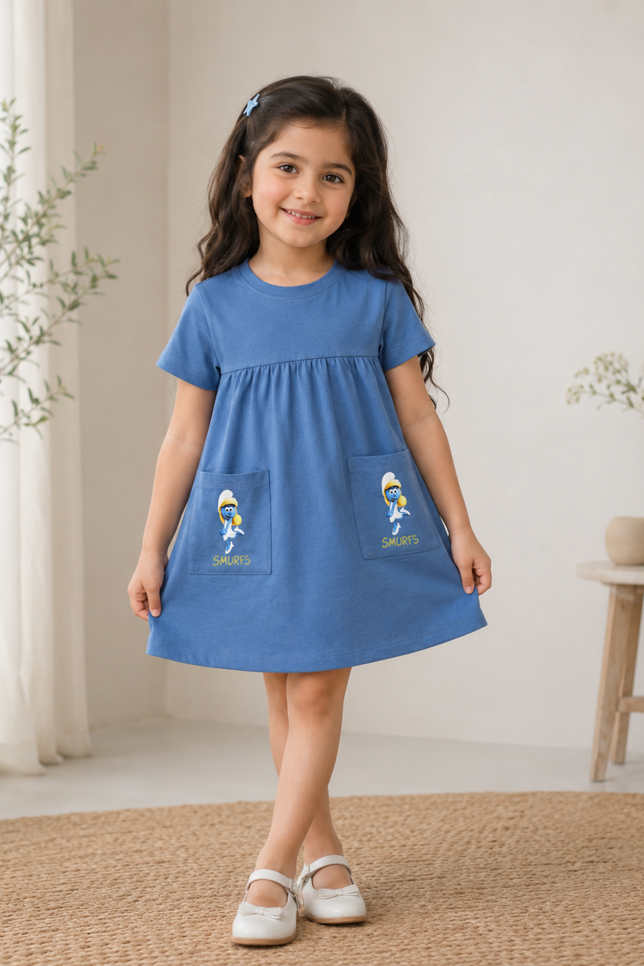 Girls Sky Blue Smurfs Pocket Dress