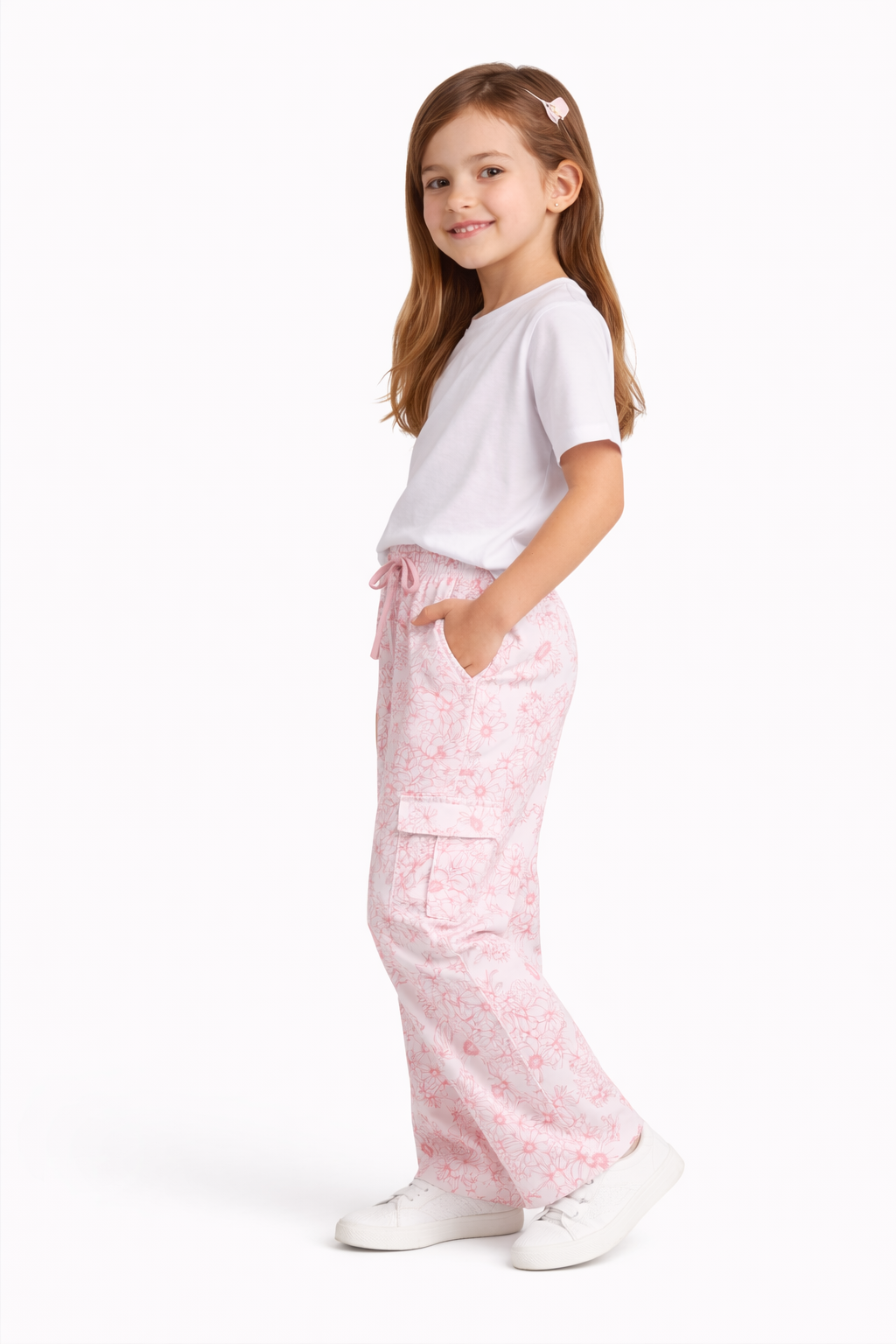 Girls Pink Floral Cotton Pants with Elastic Waist