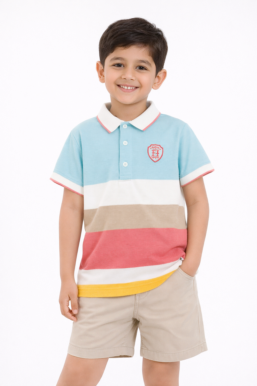 Kids Multicolor Striped Cotton Polo Shirt with Embroidered Badge