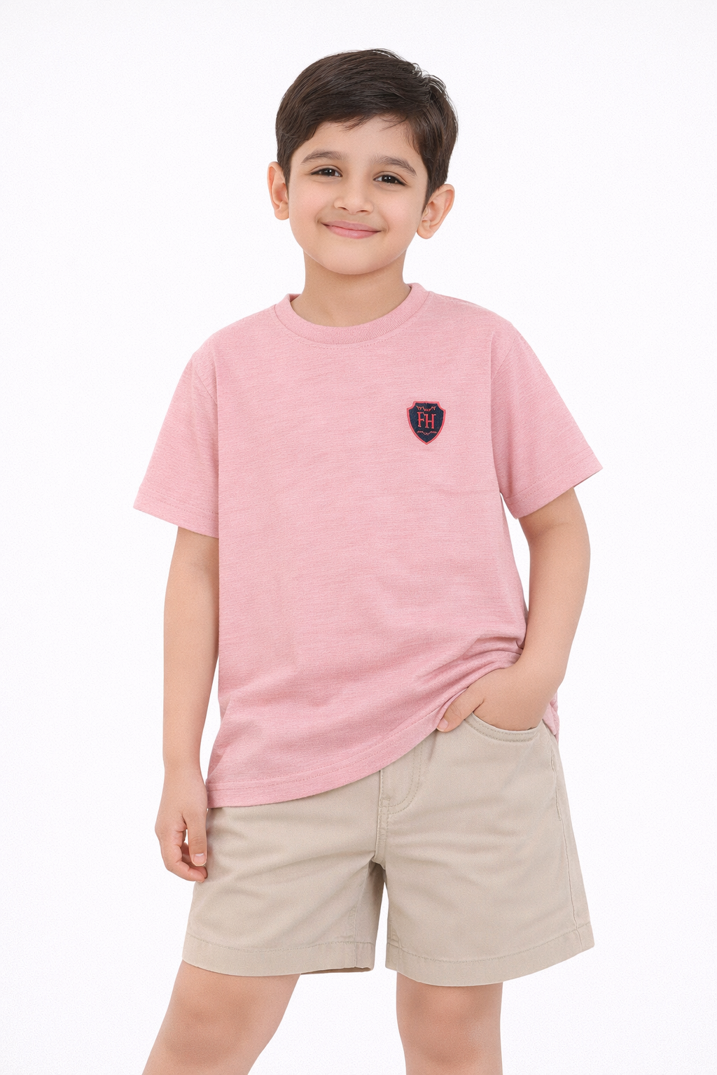 Kids Pink Cotton T-Shirt with Embroidered Chest Badge