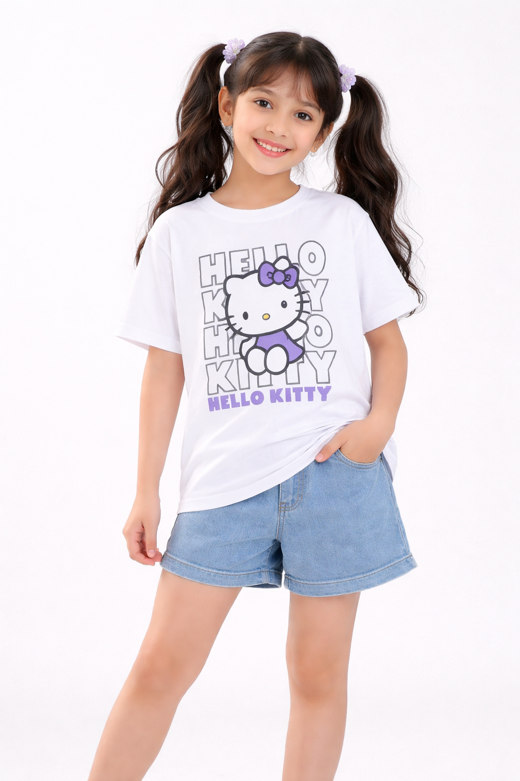 Kids White Cotton T-Shirt with Hello Kitty Graphic Print