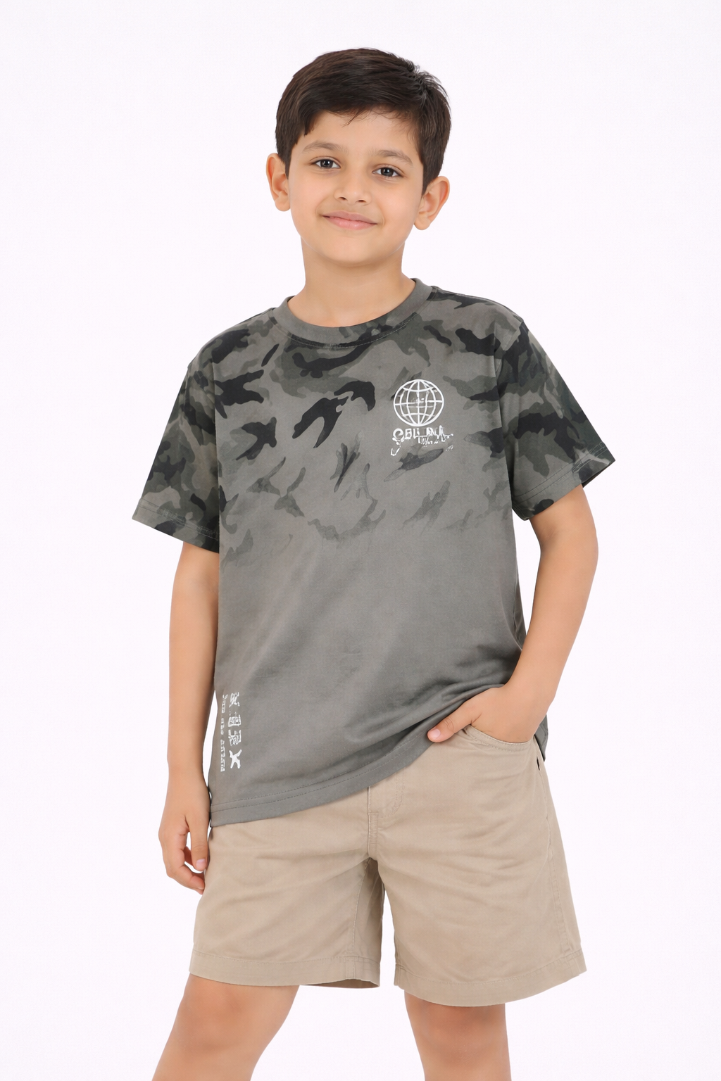 Kids Grey Camouflage Print Cotton T-Shirt with Graphic Logo