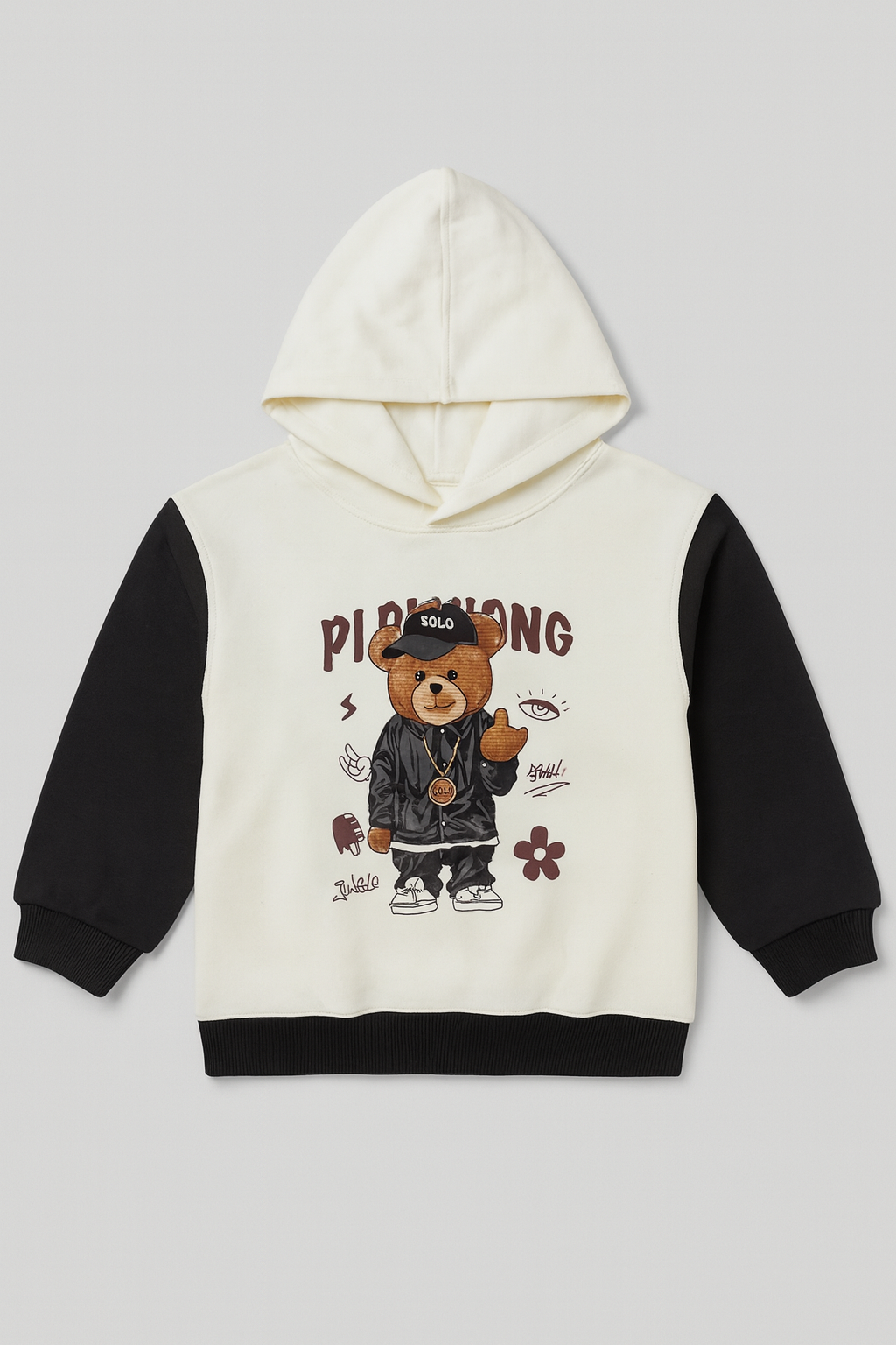 Kids Street Style Bear Hoodie &amp; Track Pant Set – Black &amp; White