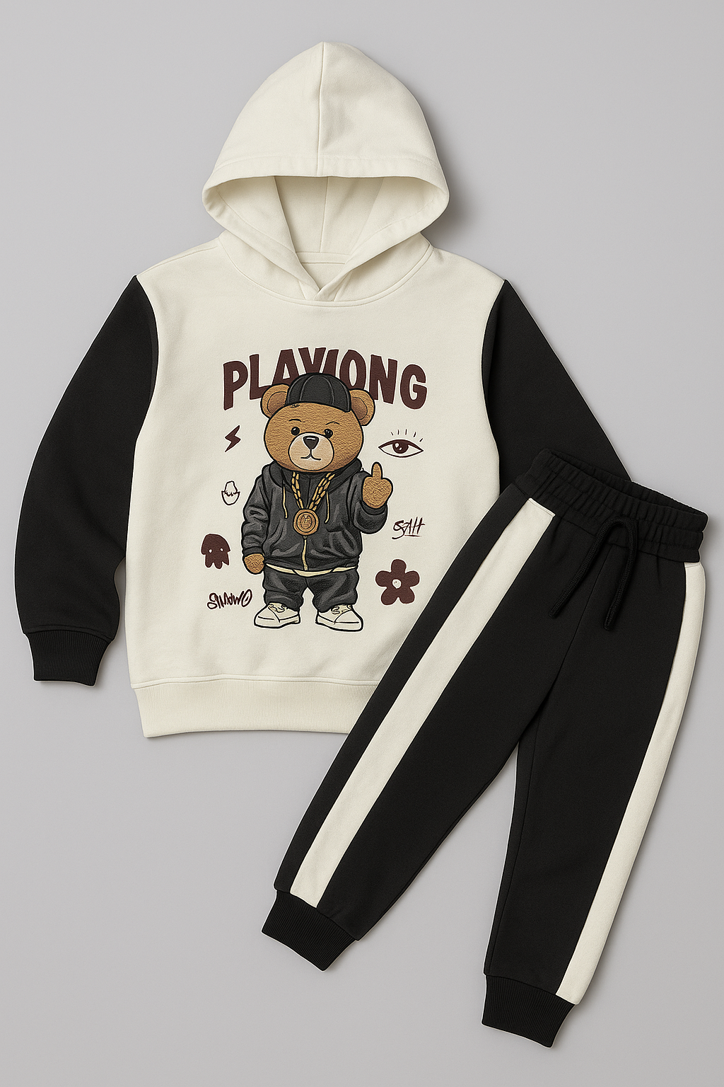 Kids Street Style Bear Hoodie &amp;amp; Track Pant Set – Black &amp;amp; White