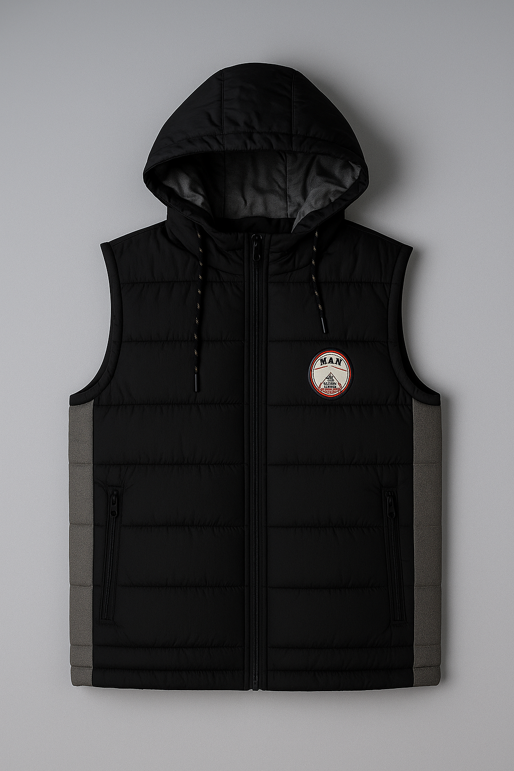 men’s Black with light grey side panel hooded puffer Jacket