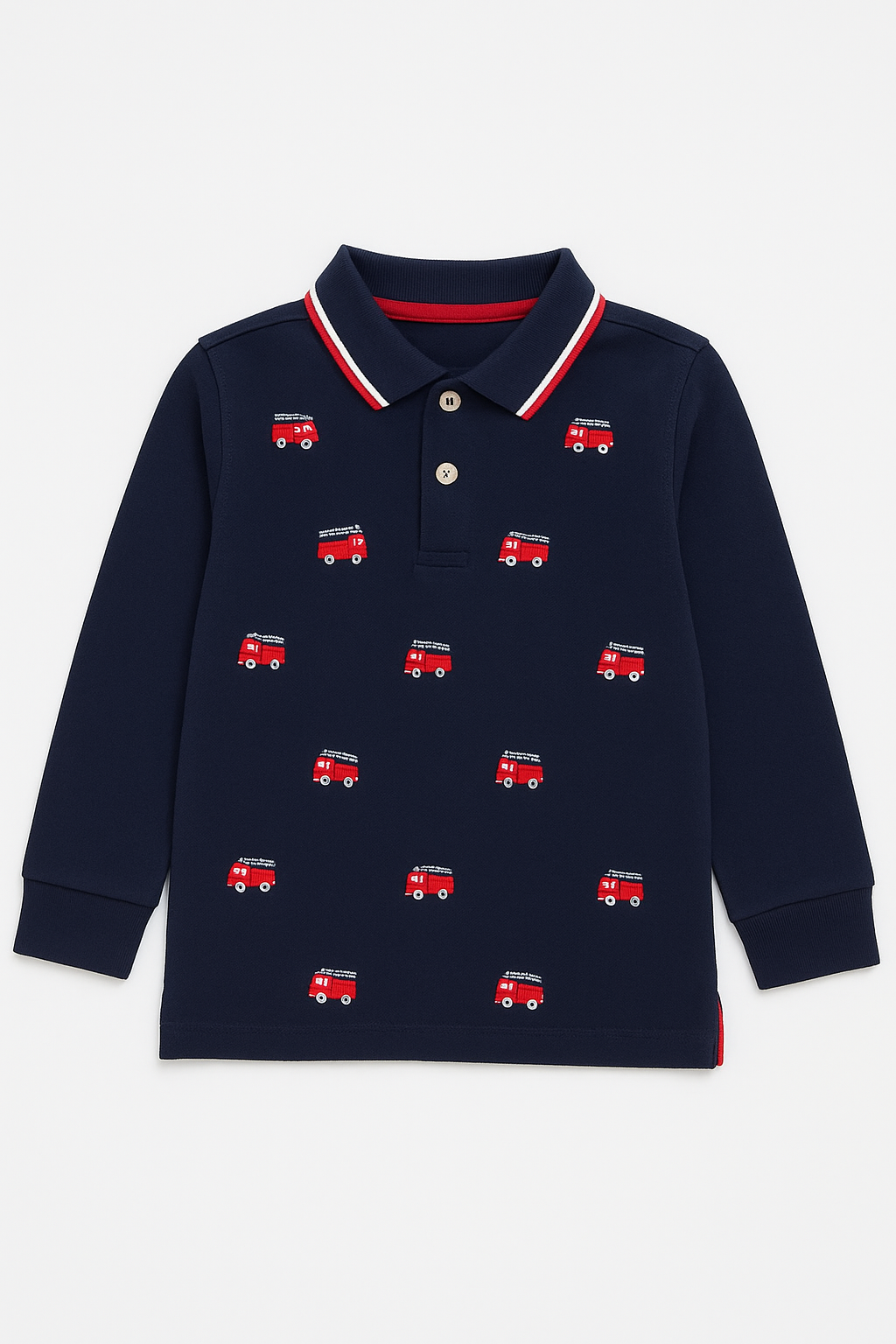Kids Navy Blue Polo Shirt with Fire Truck Embroidery – Long Sleeve