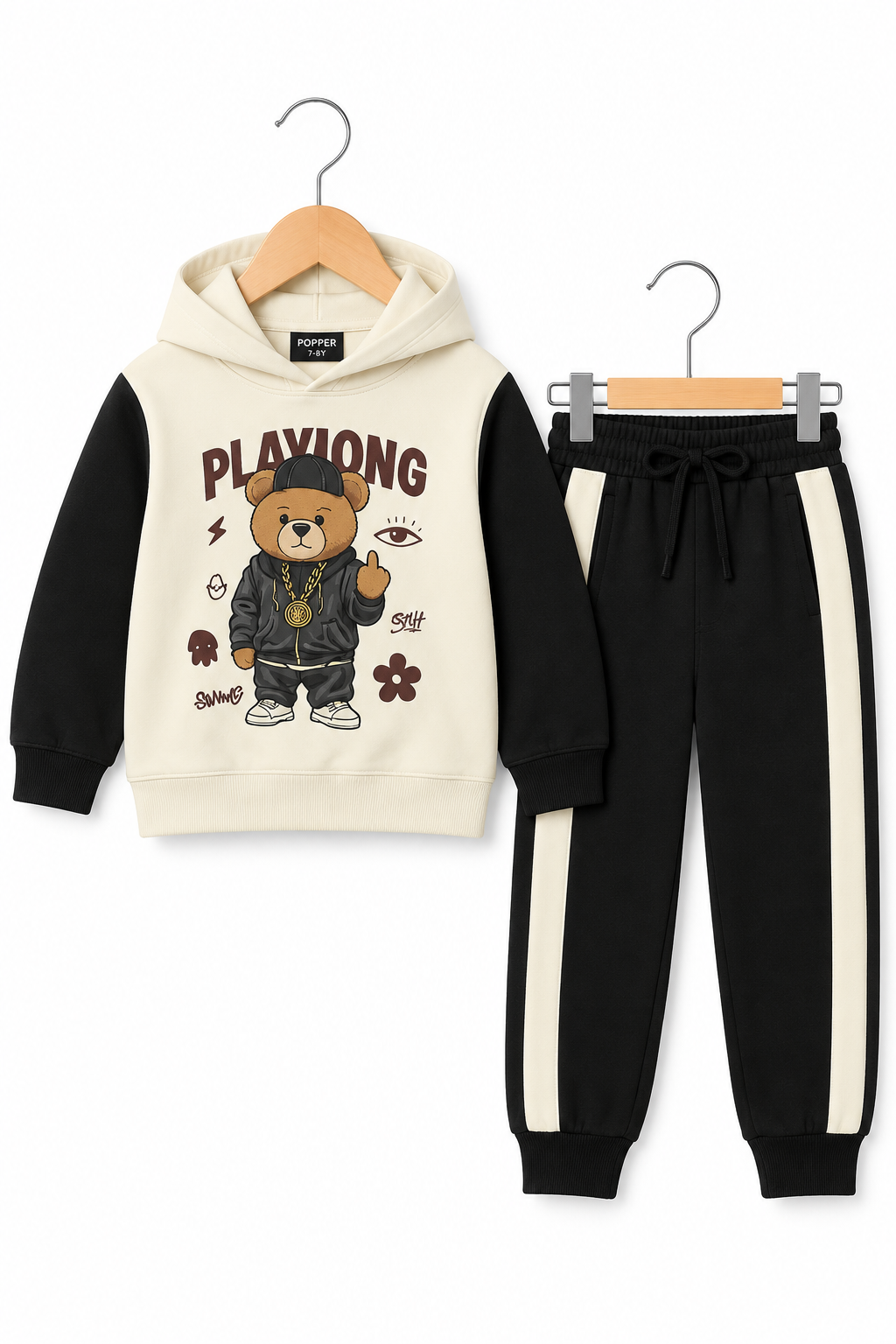 Kids Street Style Bear Hoodie & Track Pant Set – Black & White