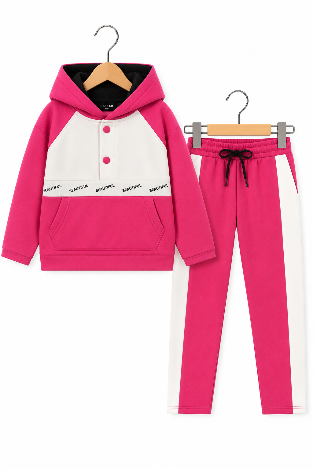 Bold Pink &amp; White Colorblock Hoodie Set – Playful Street Style for girls