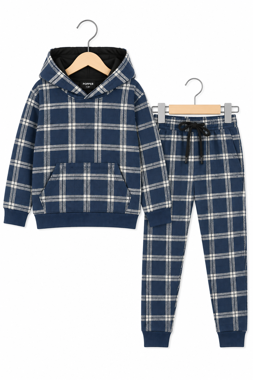 Boys Navy Blue Plaid Hoodie & Jogger Set