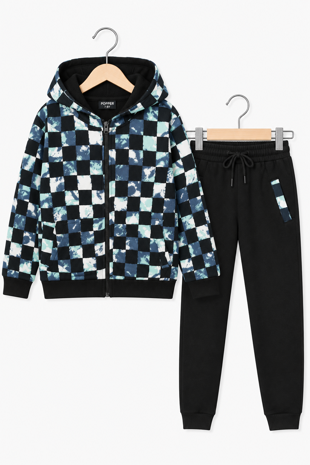 Boys Tie-Dye Checkerboard Zip Hoodie &amp; Jogger Set – Black &amp; Mint