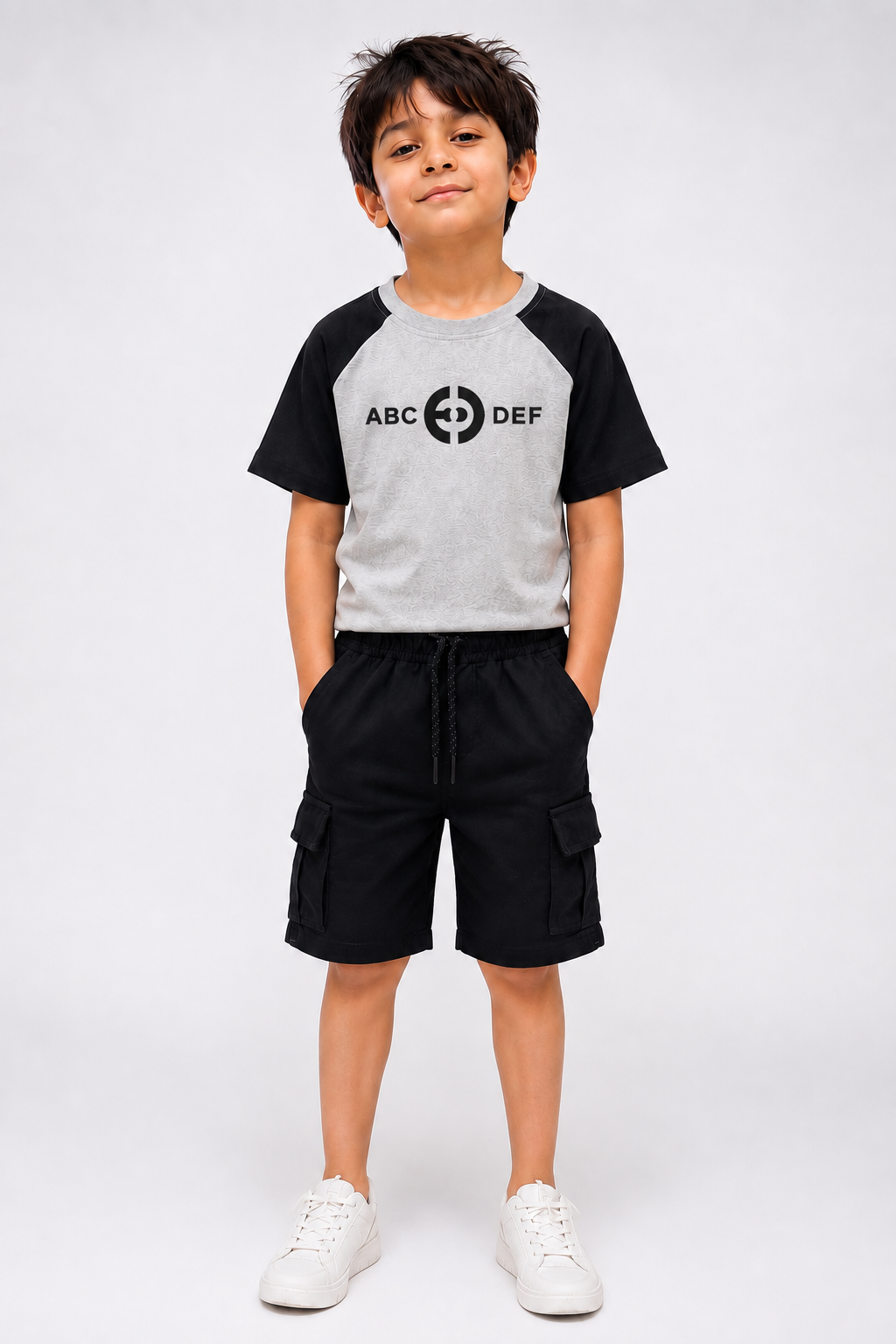 Kids Grey & Black Raglan ABC T-Shirt and Black Cargo Shorts Set | Casual Summer Outfit