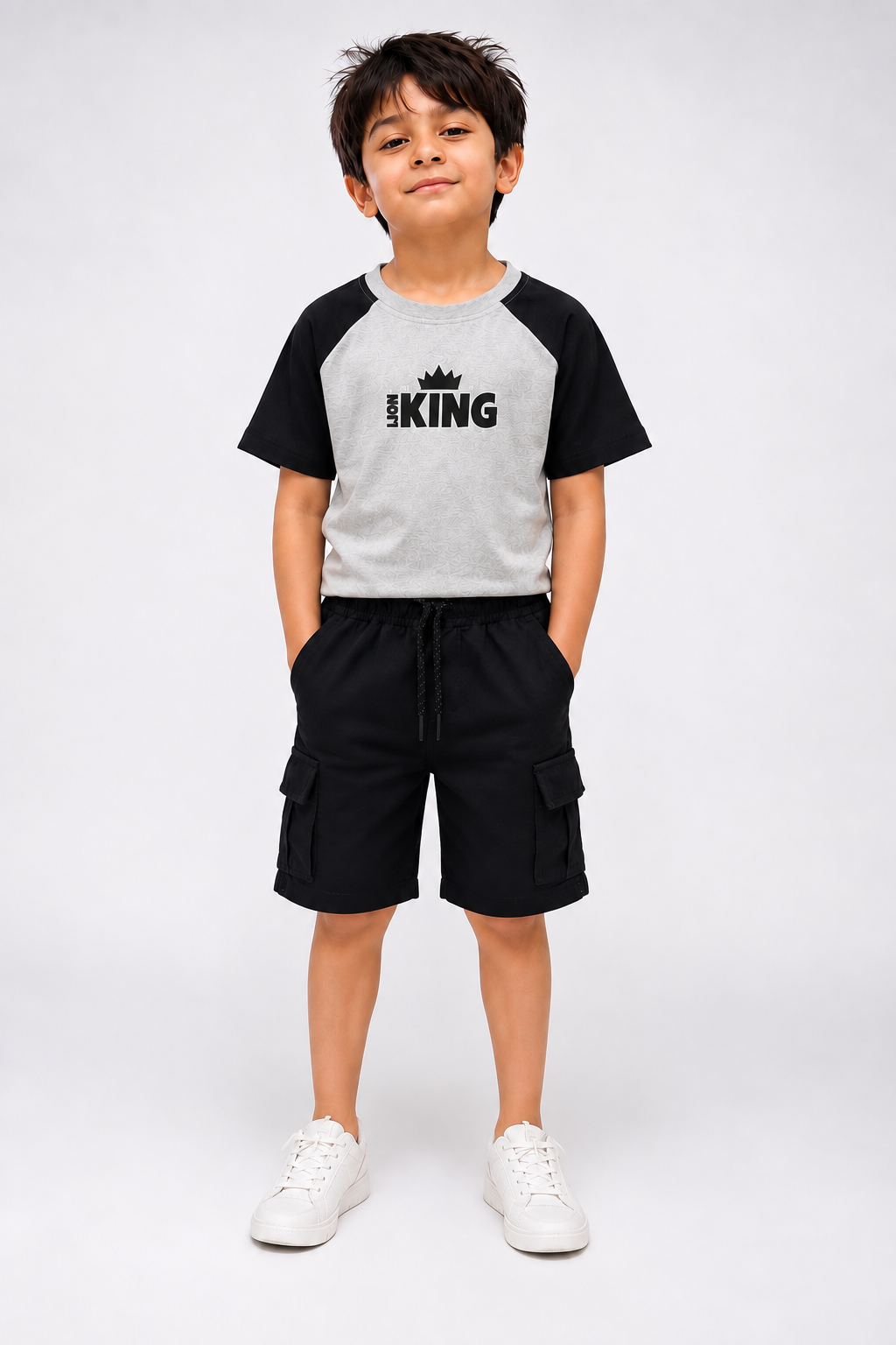 Kids Grey & Black Raglan with king T-Shirt and Black Cargo Shorts Set | Casual Summer Outfit (Copy)