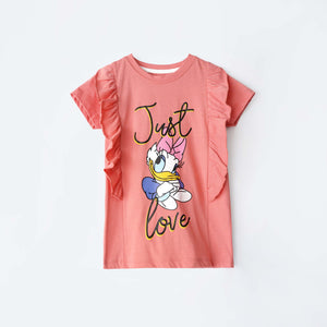 Girls Printed Soft Cotton Frill Shoulder T-Shirt